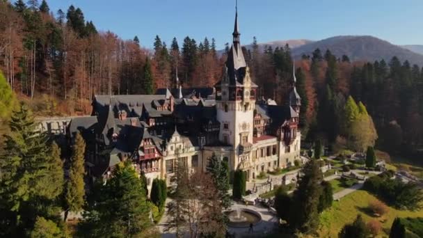 Luftaufnahme Der Burg Peles Rumänien Schloss Mit Gärten Den Karpaten — Stockvideo