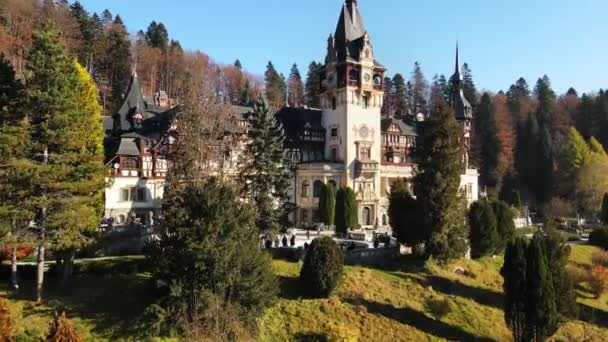Luftaufnahme Der Burg Peles Rumänien Schloss Mit Gärten Den Karpaten — Stockvideo
