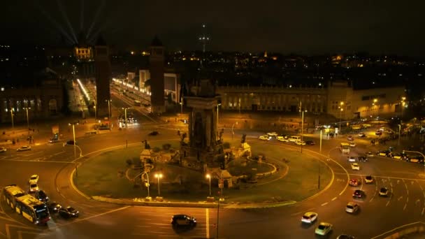 Praça Espanhola Placa Espanya Noite Ônibus Carros Andando Mnac Segundo — Vídeo de Stock