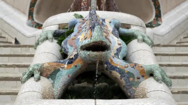 Мозаичная Ящерица Саламандра Фонтан Парке Гуэль Барселона Испания — стоковое видео