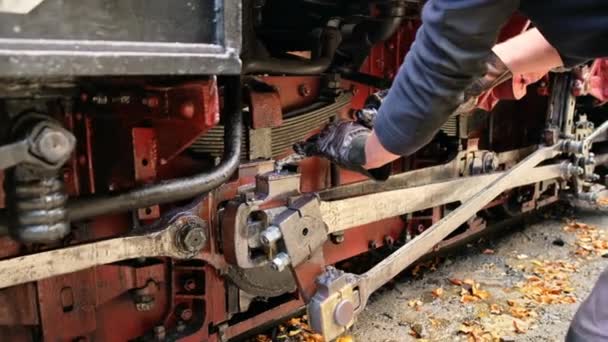 Mechanische Ölzugabe Mechanismen Des Angehaltenen Dampfzuges Mocanita Auf Einem Bahnhof — Stockvideo