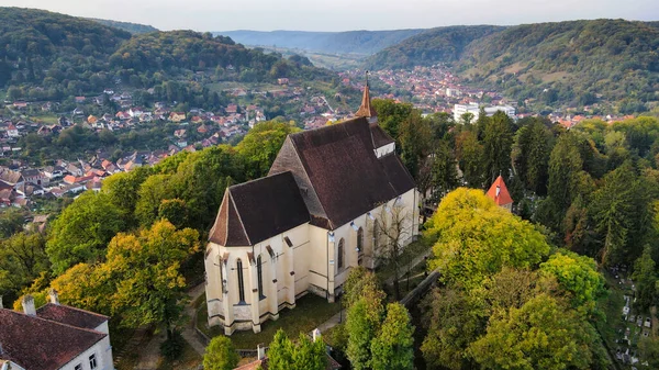 Vue Aérienne Par Drone Centre Historique Sighisoara Roumanie Eglise Sur — Photo