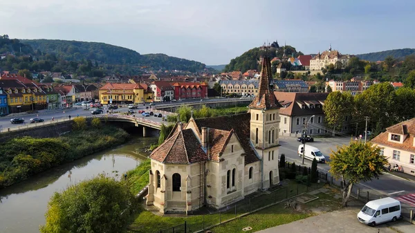 Vue Aérienne Par Drone Centre Historique Sighisoara Roumanie Bâtiments Anciens — Photo