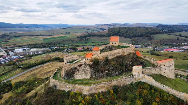 Vista Aérea Del Dron Fortaleza Rupea Rumania Ciudadela Situada Acantilado — Foto de Stock