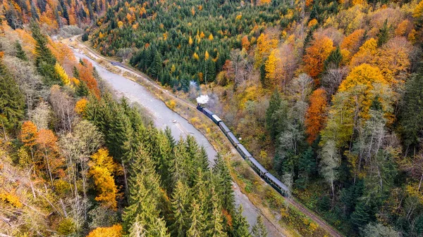 Veduta Aerea Drone Del Treno Vapore Movimento Mocanita Una Valle — Foto Stock