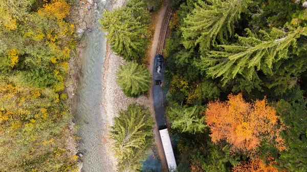 Veduta Aerea Drone Del Treno Vapore Movimento Mocanita Una Valle — Foto Stock