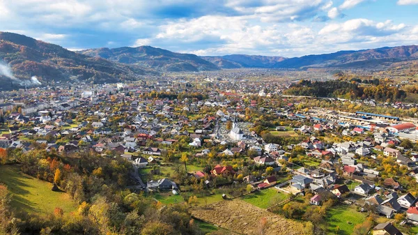 Vista Aérea Del Avión Tripulado Viseu Sus Atardecer Rumania Una —  Fotos de Stock