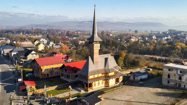 Vue Aérienne Par Drone Une Église Sapanta Roumanie Bâtiments Religieux — Photo