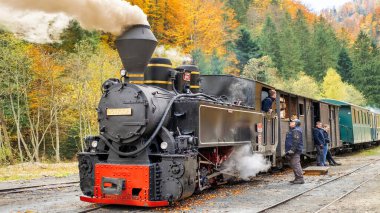 VISEU DE SUS, ROMANIA - 29 EKİM 2021: demiryolu istasyonundaki bir vadide Mocanita buharlı treninin görüntüsü, işçiler, yemyeşil orman