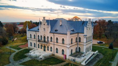 Romanya 'daki Alexandru Ioan Cuza Sarayı' nın insansız hava aracı görüntüsü. Etrafında gür sarı bir orman var.