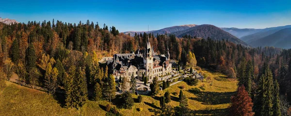 Panoramiczny Widok Zamek Peles Rumunii Zamek Ogrodami Karpatach Las Wokół — Zdjęcie stockowe