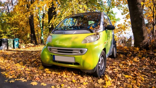 Estacionado Verde Inteligente Con Hojas Amarillentas Caídas Árboles Alrededor — Foto de Stock