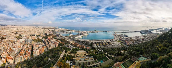Повітряний Дрон Панорамний Вид Барселони Іспанія Кілька Будинків Зелених Середземноморських — стокове фото