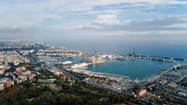 バルセロナ スペインの空中ドローンビュー 複数の住宅やオフィスビル 緑の多くは 地中海の海港 — ストック写真