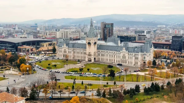 Aerial Drone View Palace Culture Downtown Square Front Roads Cars — Stock Photo, Image