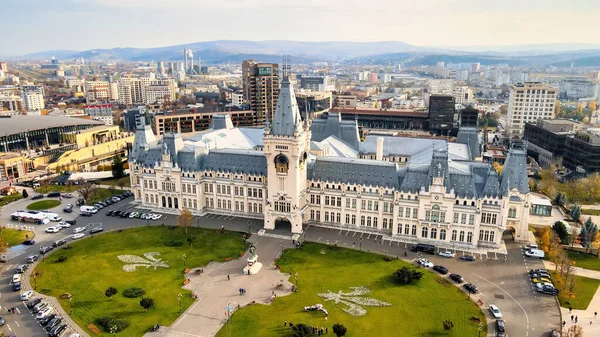 Aerial Drone View Palace Culture Downtown Square Front Roads Cars — Stock Photo, Image