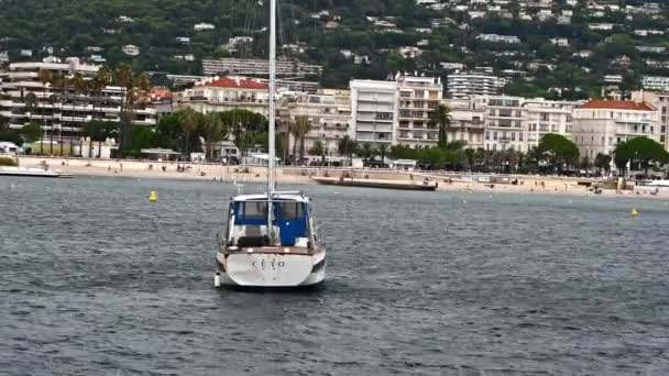 Cannes フランス 2021年9月 フローティングボートからのヨットの眺め 伝統的なスタイルで作られた複数の建物 カンヌの背景に緑 フランス — ストック動画
