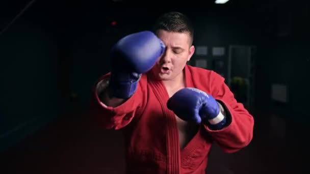 Taekwondo Praktiker Rotem Kimono Und Handschuhen Boxt Vor Ihm Einer — Stockvideo