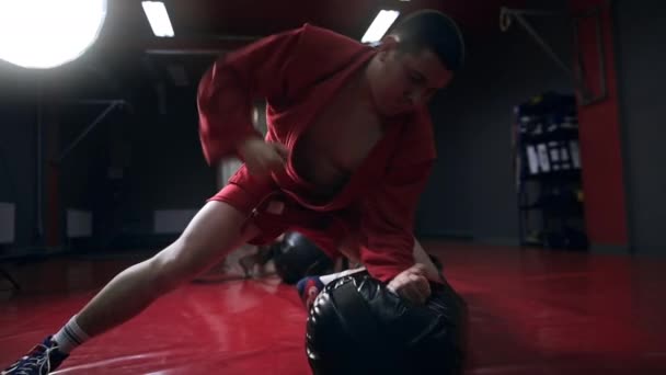 Chisinau Moldova November 2021 Taekwondo Practitioner Red Kimono Training Gym — Stock Video