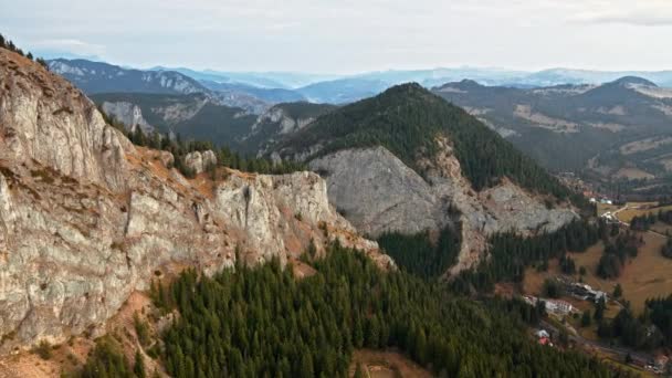 从空中俯瞰罗马尼亚的自然 喀尔巴阡山脉 布满茂密森林的岩石山丘 山谷中的道路 — 图库视频影像