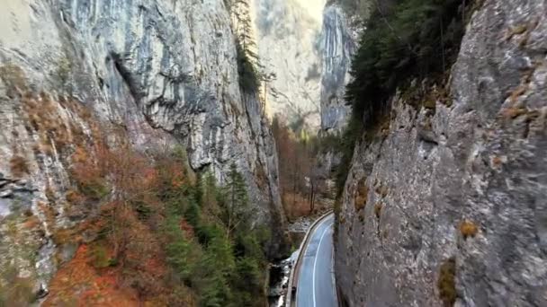 从空中俯瞰罗马尼亚的自然 喀尔巴阡山脉 山谷中有车的道路 岩石悬崖 茂密的森林 — 图库视频影像