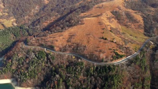 Antenowy Widok Przyrodę Rumunii Karpackie Góry Droga Żółte Wzgórze Pokryte — Wideo stockowe