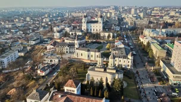 Vista Aérea Drone Catedral Metropolitana Centro Iasi Romênia Edifícios Torno — Vídeo de Stock