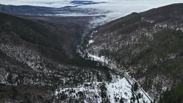 从空中俯瞰罗马尼亚的自然 喀尔巴阡山脉 覆盖着光秃秃的森林和白雪的山丘 山谷中的道路 — 图库视频影像