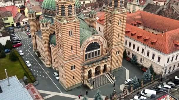 Zicht Vanuit Lucht Kathedraal Van Heilige Drie Eenheid Sibiu Roemenië — Stockvideo