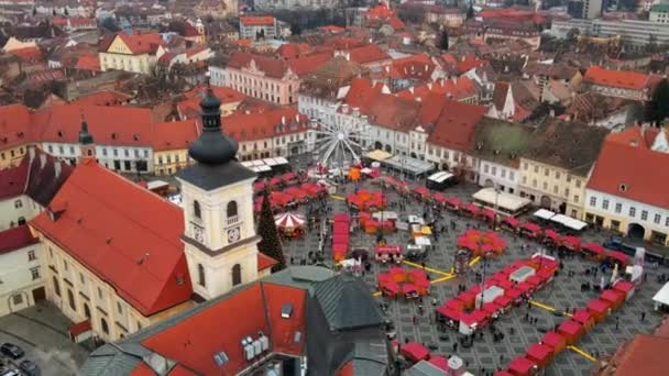 Aerial Drone View Big Square Sibiu Romania Old City Centre — Stock Video