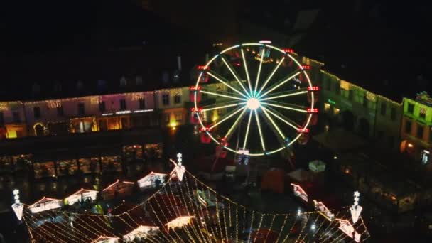 Luchtdrone Zicht Het Grote Plein Sibiu Nachts Roemenië Oude Centrum — Stockvideo