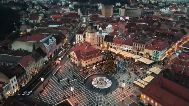 Vue Aérienne Par Drone Place Conseil Crépuscule Brasov Roumanie Centre — Video