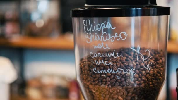Kaffebryggare Med Kaffebönor Och Inskriptioner Ett Kafé Brasov Rumänien — Stockvideo
