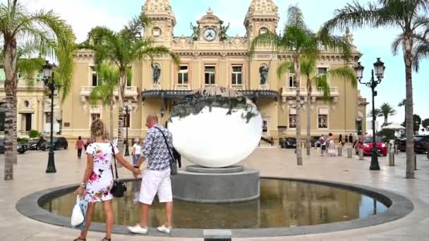 Monaco September 2021 Monte Carlo Casino Square People Cars Monument — Stock Video