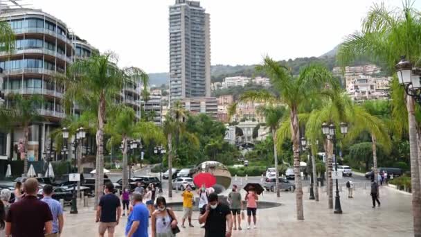 Monaco September 2021 Monte Carlo Casino Square People Cars Greenery — Stock Video