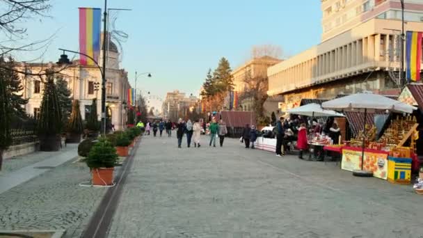 Iasi Romania December 2021 Streetscape City Downtown Multiple Walking People — Stock Video