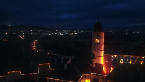 Aerial Drone View Big Square Sibiu Night Romania Old City — Stock Video