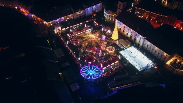 Luchtdrone Zicht Het Grote Plein Sibiu Nachts Roemenië Oude Centrum — Stockvideo