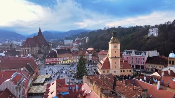 Aerial Drone View Council Square Brasov Romania Old City Centre — Stock Video