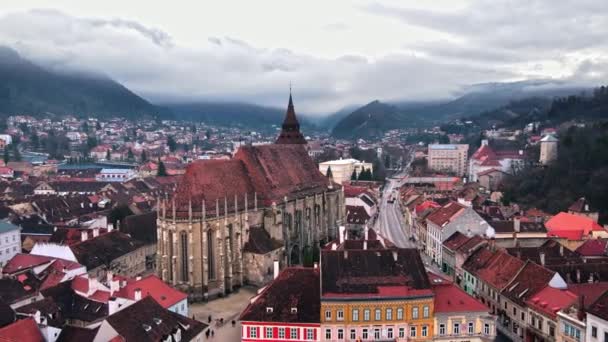 Vista Aérea Drone Praça Conselho Brasov Roménia Centro Cidade Velha — Vídeo de Stock