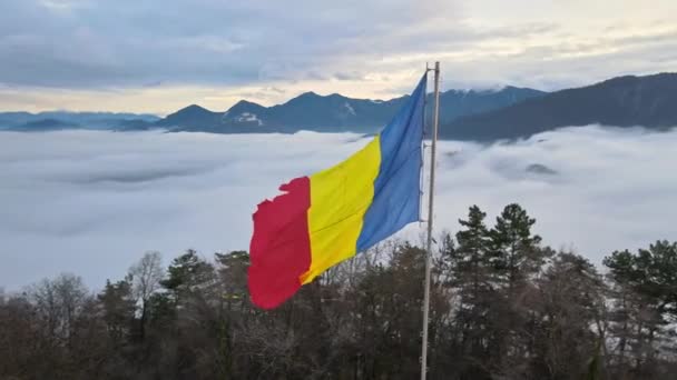 バルソフ 裸の木 低い雲 ルーマニアの近くの丘の上の国旗 — ストック動画