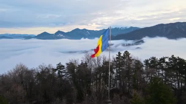 バルソフ 裸の木 低い雲 街並み ルーマニアの近くの丘の上の国旗 — ストック動画