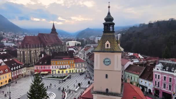 Brasov Romania December 2021 Повітряний Безпілотний Вид Площу Ради Старий — стокове відео