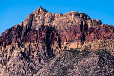 Nevada, ABD 'deki Red Rock Kanyonu' nda doğa manzarası. İnce bitki örtüsü, kırmızı kayalar, kayalıklar