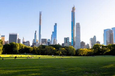 New York, ABD 'deki Central Park manzarası. Dinlenen insanlarla çim, bir sürü yeşillik, gökdelenler.