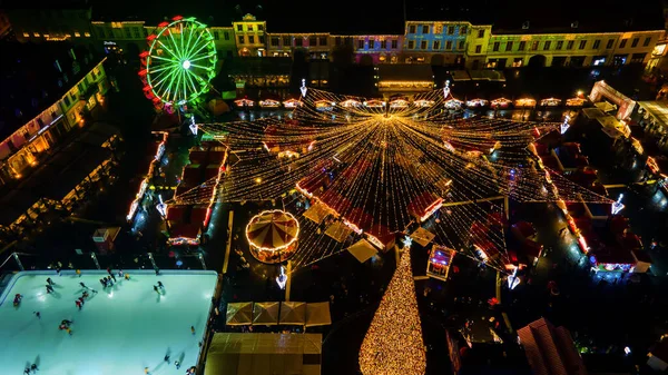 Luchtdrone Zicht Het Grote Plein Sibiu Nachts Roemenië Oude Centrum — Stockfoto