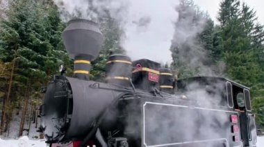 Kış, kar ve Romanya 'da bir tren istasyonundaki buharlı Mocanita treninin manzarası