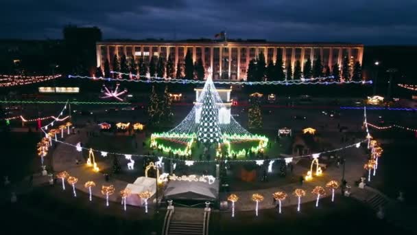 Вид Воздуха Рождественский Кишинев Ночью Молдова Центр Города Центральная Площадь — стоковое видео