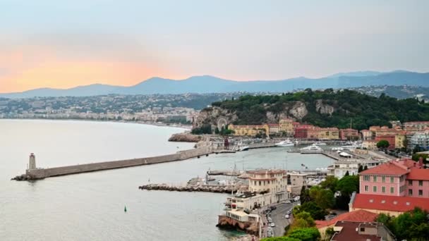 Blick Auf Die Mittelmeerküste Nizza Hügel Mit Viel Grün Wohngebäude — Stockvideo