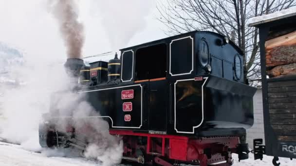 Widok Pociąg Parowy Mocanita Stacji Kolejowej Zimie Śnieg Rumunia — Wideo stockowe